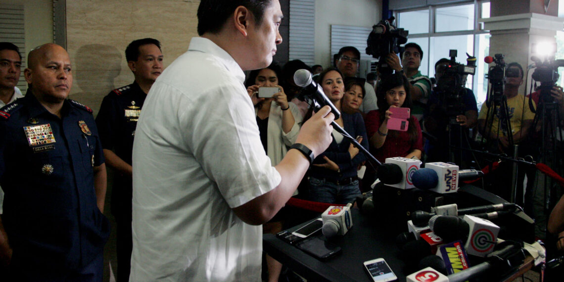 Presidential Communications Office (PCO) Secretary Martin M. Andanar gives some highlights at the Launching of "911 Hotline" on Monday (August 1, 2016) during the 24th Police Community Relations Group Founding Anniversary at the National Headquarter Philippine National Police (NHQ, PNP), Camp Crame in Quezon City. (PNA photo by Oliver Marquez)