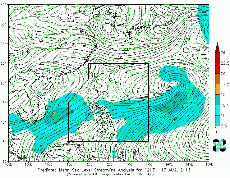 Predicted Mean Sea Level Wind Analysis 8:00 PM today, 13 August 2016.