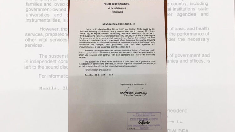 Palace suspends gov’t work on Dec. 26