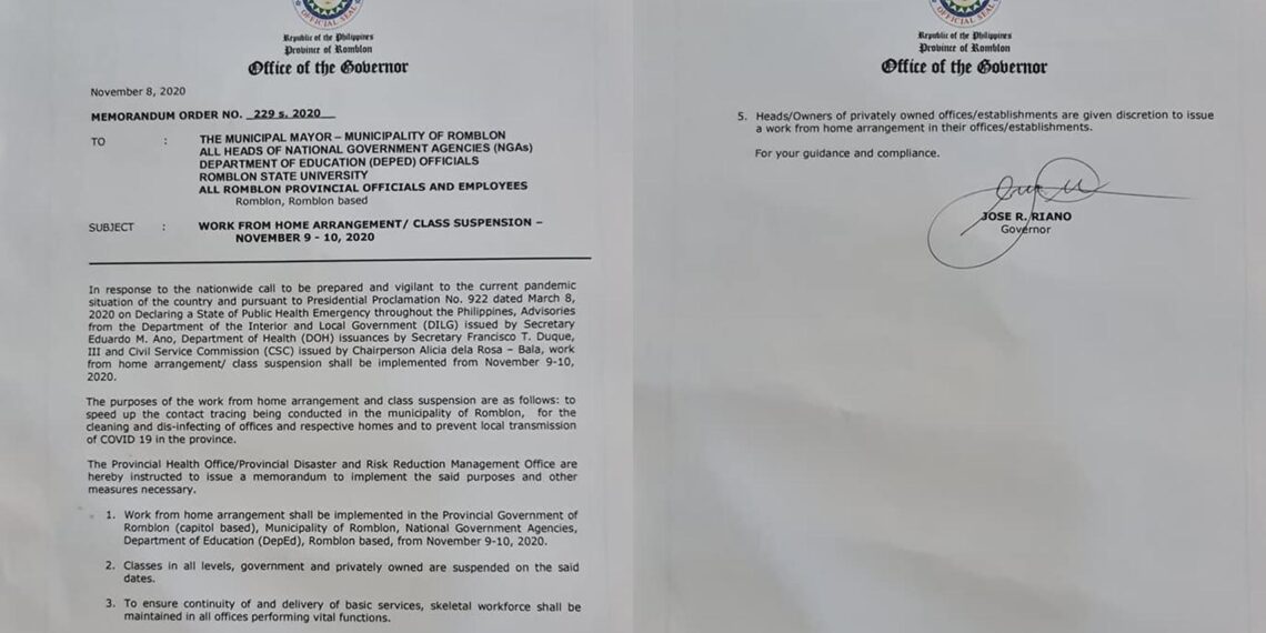 Klase sa bayan ng Romblon sa November 9-10, suspendido dahil sa banta ng Covid-19